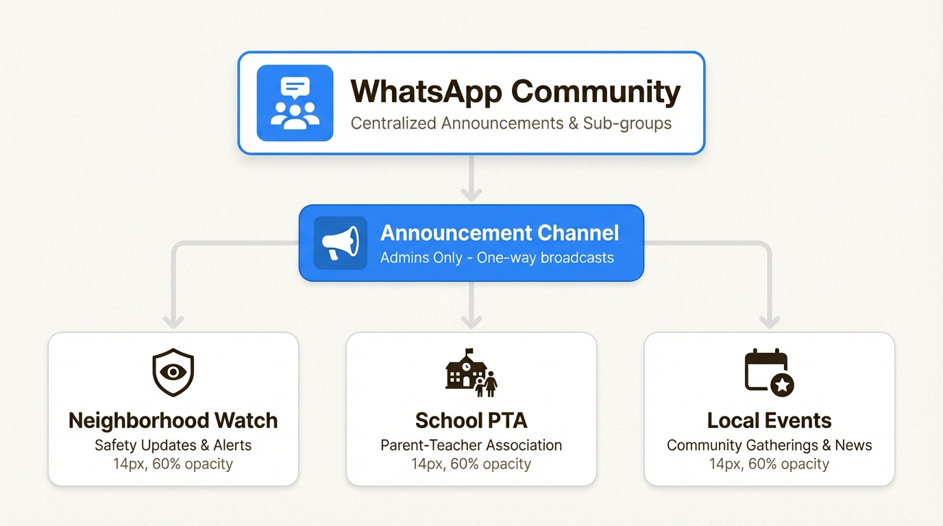 WhatsApp Communities allow admins to organize up to 50 related groups under one central announcement hub for streamlined communication.