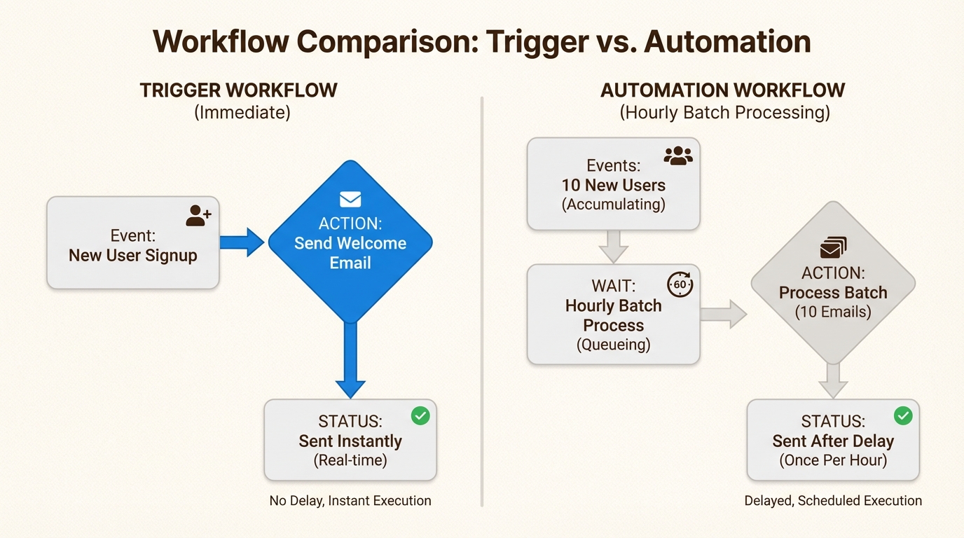 Visueller Vergleich von Echtzeit-Auslösern vs. zeitbasierten Automatisierungen für die Spam-Bearbeitung