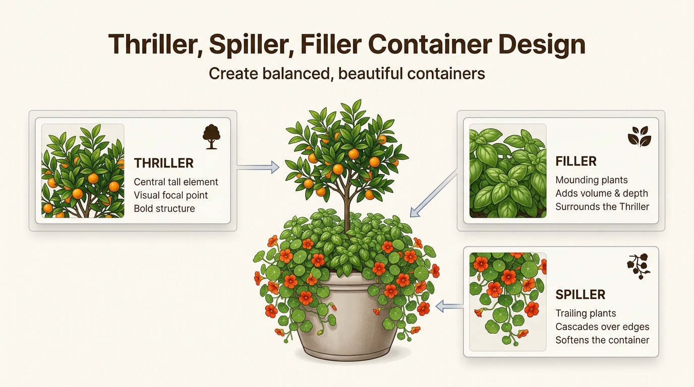 The Thriller, Spiller, Filler method provides a simple yet effective framework for creating visually appealing and balanced container gardens.