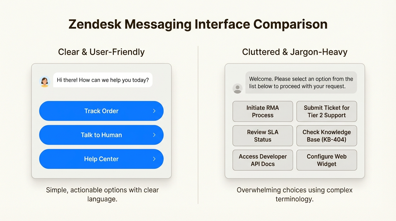Usar linguagem simples e limitar as opções evita a fadiga de decisão e garante que os clientes possam encontrar rapidamente a ajuda de que precisam.