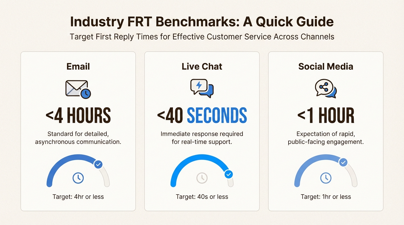 Benchmarks de tempo de resposta específicos do canal para suporte por e-mail, bate-papo e mídia social