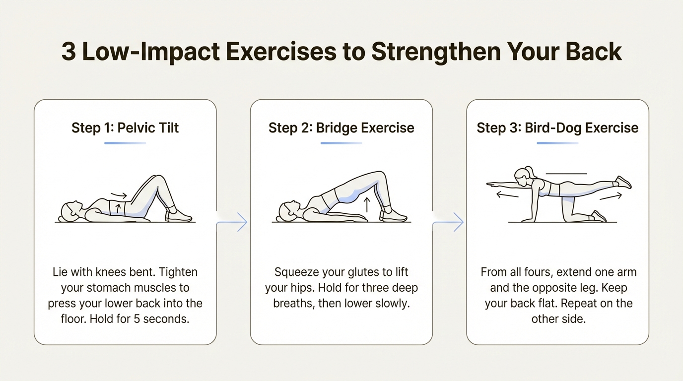 A workflow illustrating three of the best low back pain exercises for strengthening: the pelvic tilt, bridge, and bird-dog.
