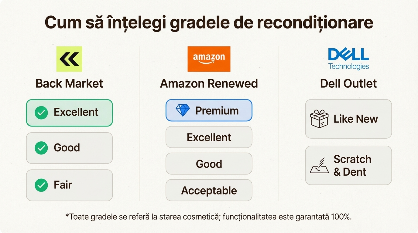 Un infografic ce compară gradele de recondiționare cosmetică de la vendori precum Back Market, Amazon Renewed și Dell Outlet.