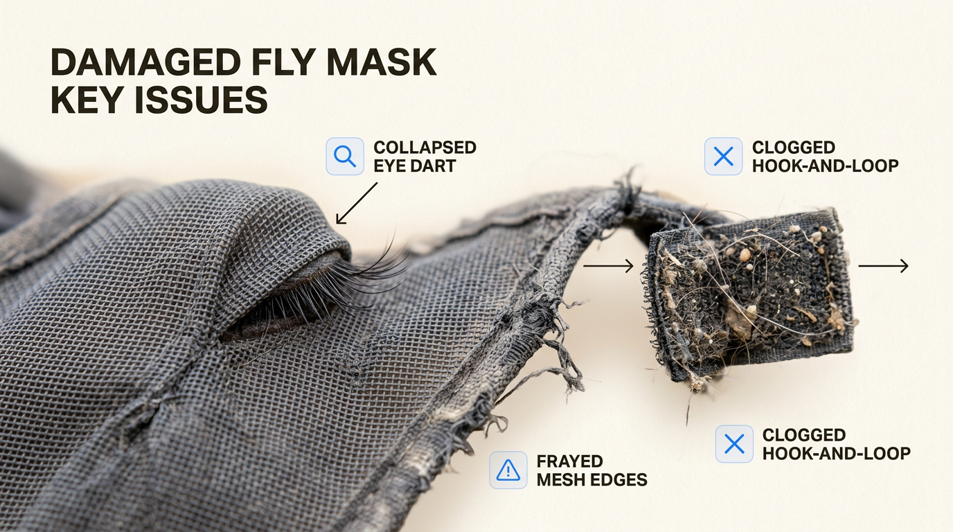 Identifying structural failures like collapsed darts and frayed mesh is crucial for preventing eye irritation and ensuring continued protection.