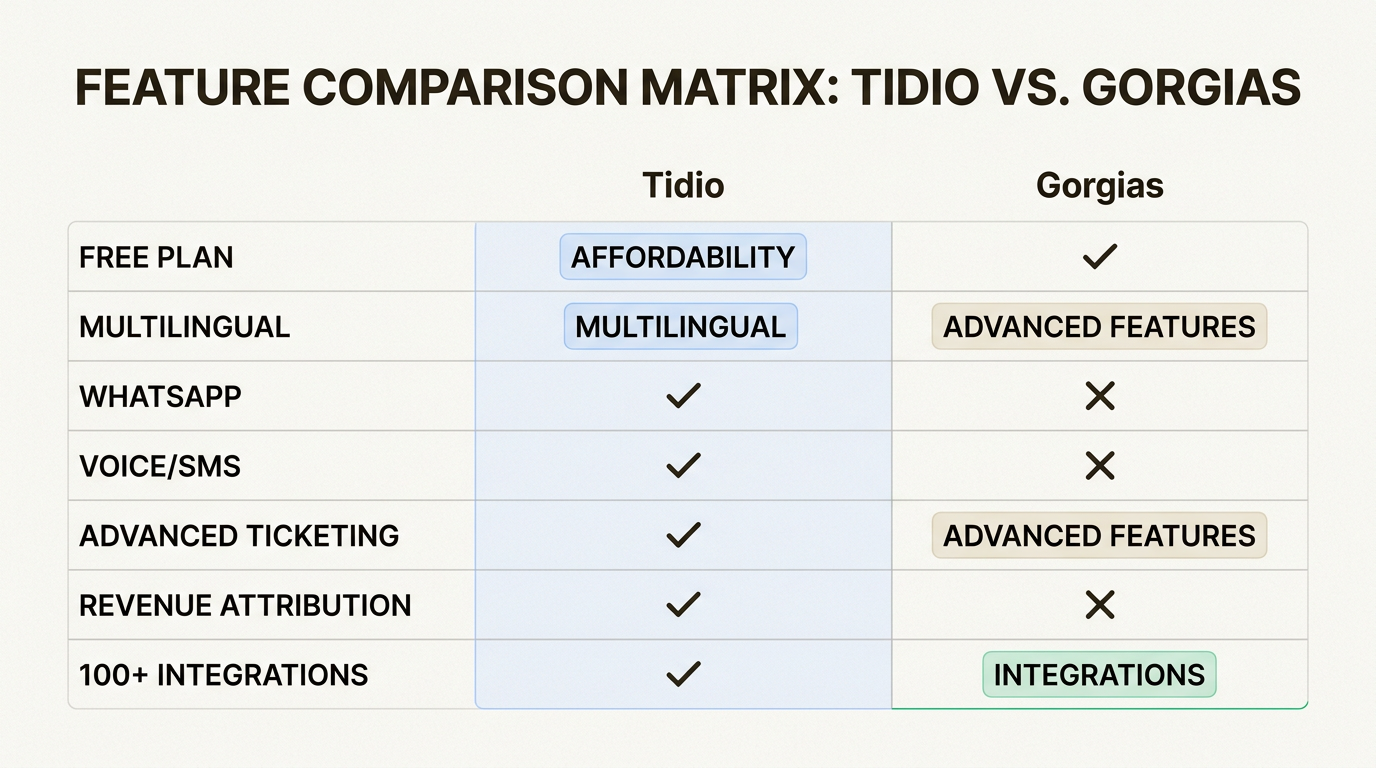 Matrice de fonctionnalités comparant les forces des plateformes Tidio et Gorgias