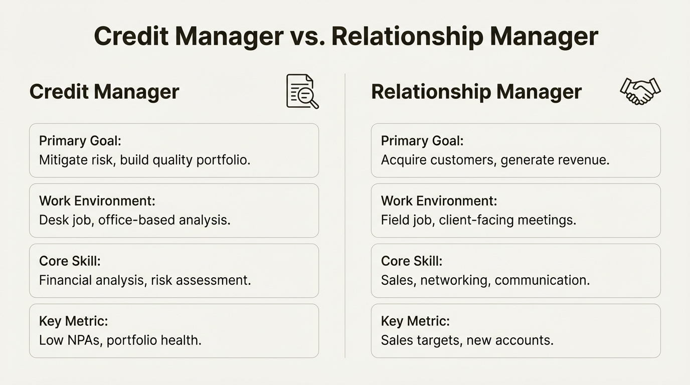 An infographic comparing a Credit Manager and a Relationship Manager, relevant for banking sector interview questions for CA freshers.