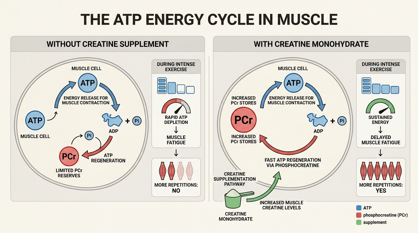 Creatine monohydrate enhances ATP regeneration in muscle cells.