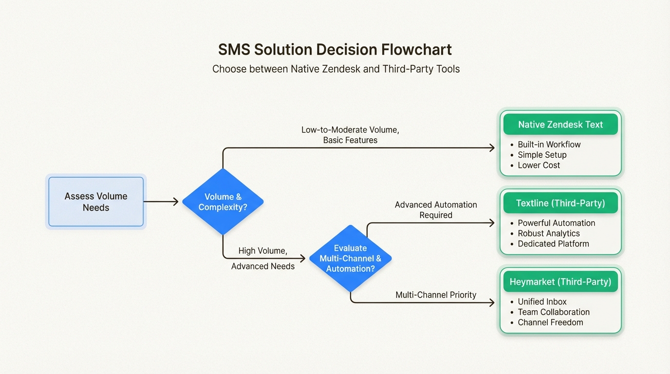 Fluxograma de decisão para escolher entre SMS nativo do Zendesk e integrações de terceiros