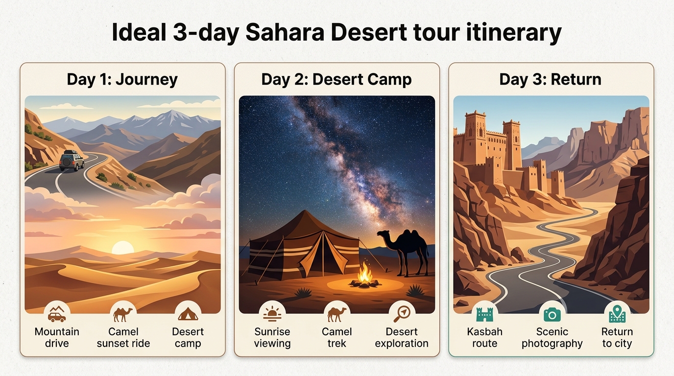 Visualize your 3-day Sahara adventure: this itinerary balances scenic drives with immersive desert experiences, ensuring you make the most of your trip.