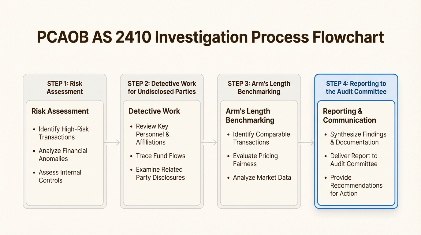 Following a standardized investigation framework ensures that auditors gather sufficient evidence to support or contradict management's arm's length assertions.
