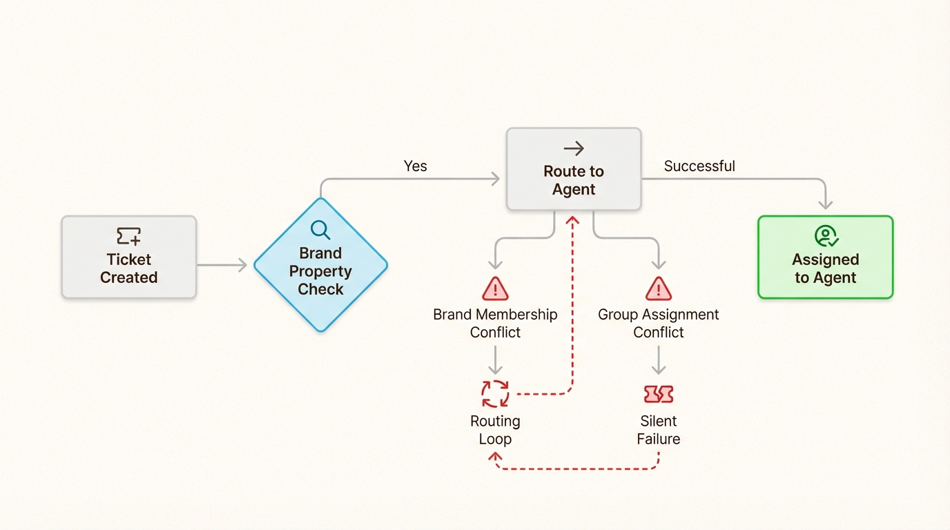 Tickets estancados en la cola omnicanal cuando el acceso a la marca y los grupos de agentes están desalineados, causando SLAs perdidos