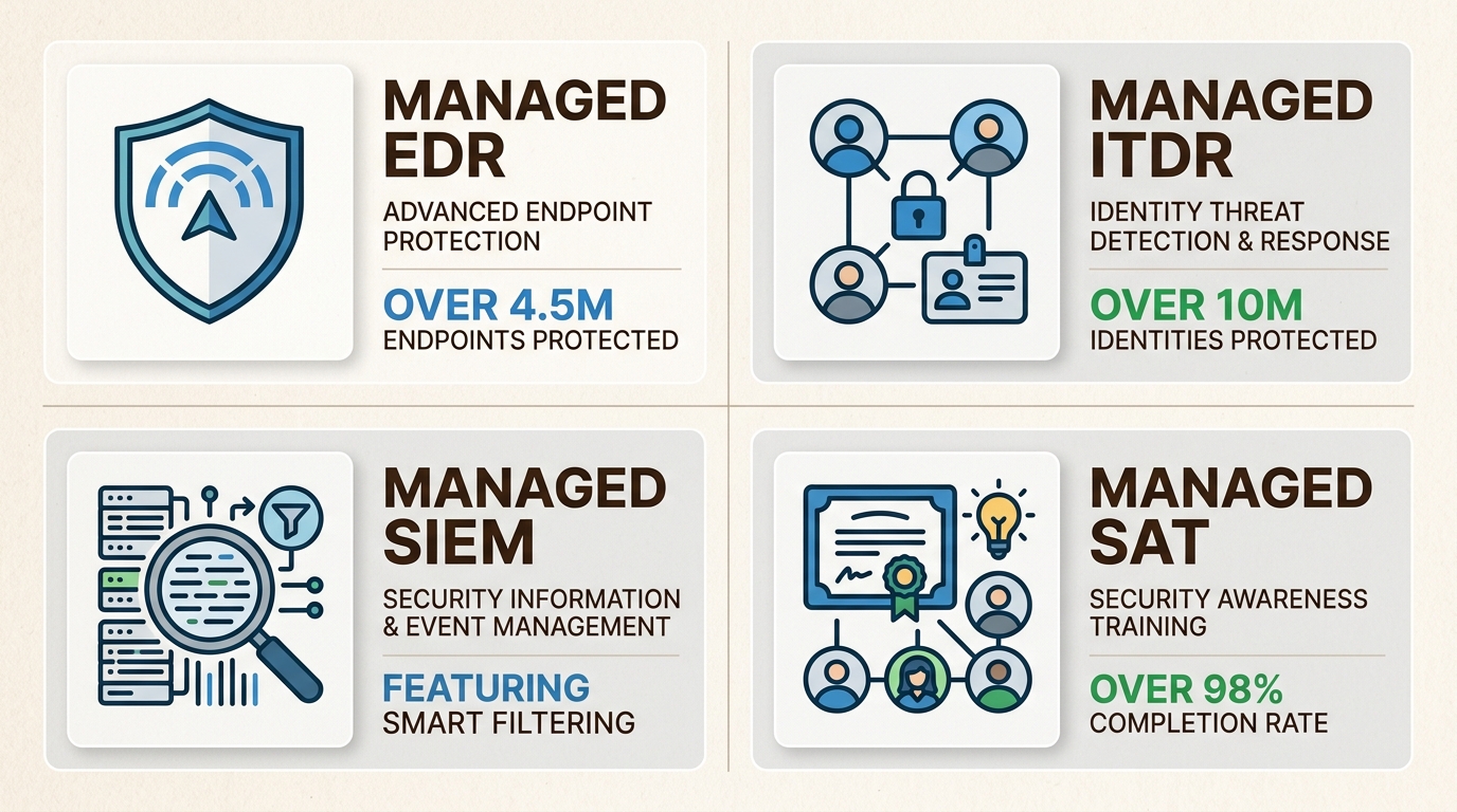 Huntress product suite covering EDR, ITDR, SIEM, and security awareness training