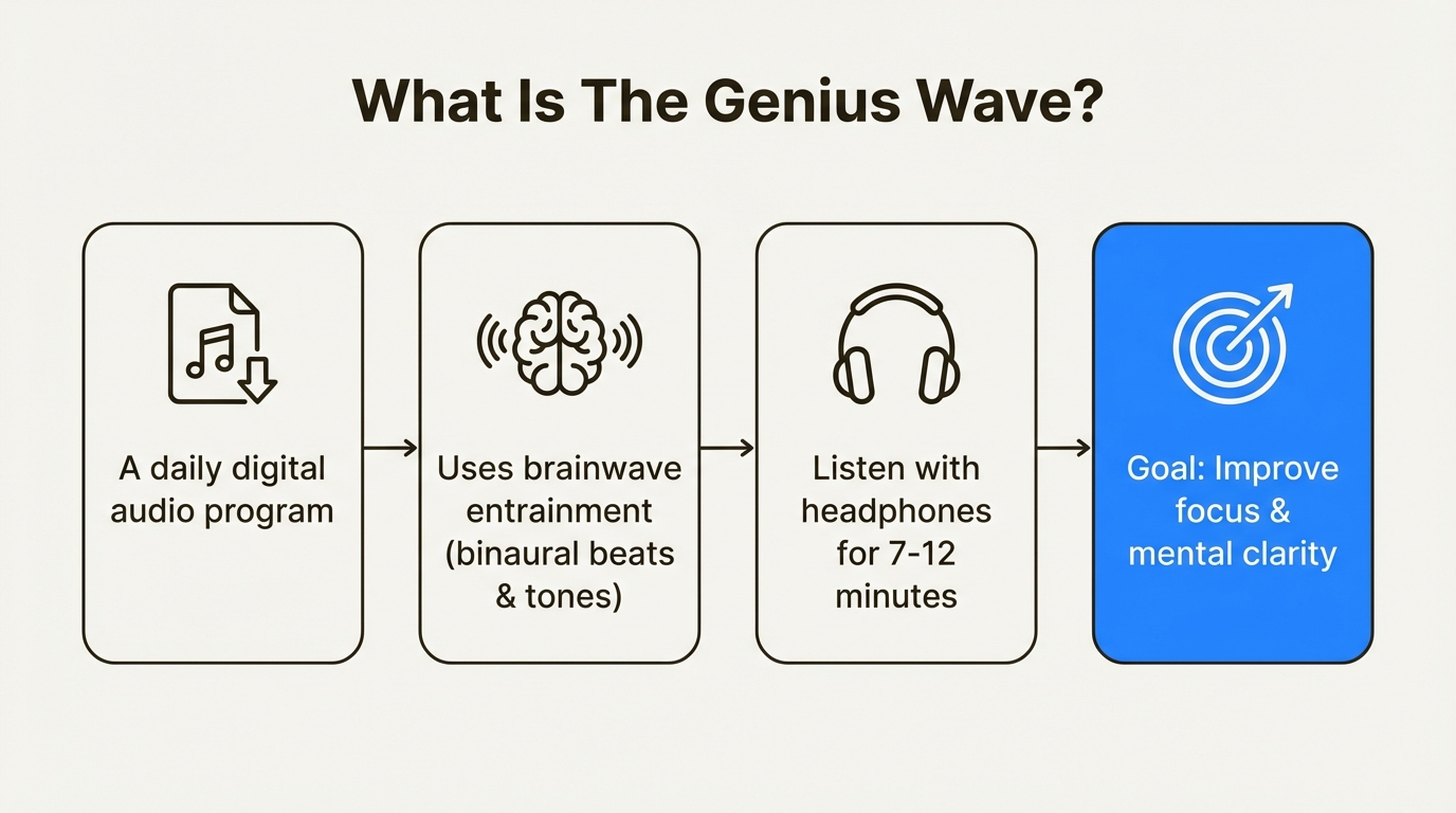 An infographic explaining what The Genius Song (The Genius Wave) is, how it works, and its goal to improve focus.