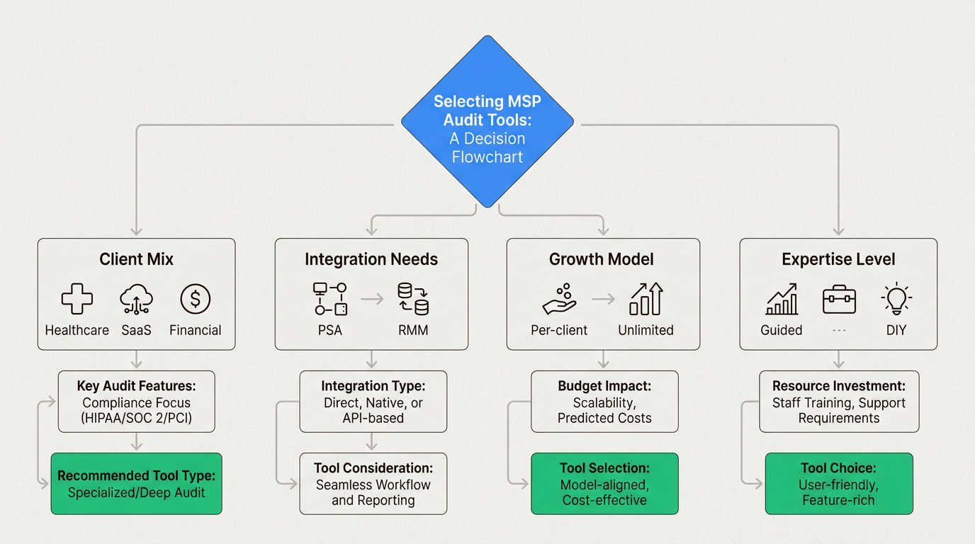Decision framework for evaluating cyber risk audit tools based on client compliance needs and stack integrations