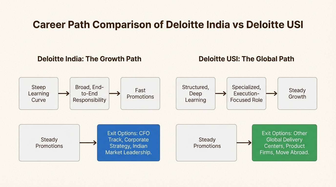 An infographic showing the typical career progression and exit opportunities when comparing Deloitte India vs Deloitte USI.