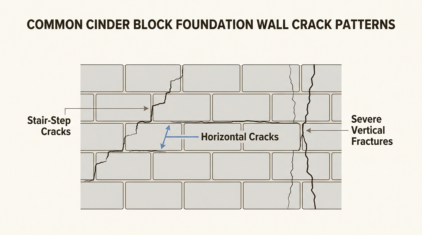 Because block walls are joined by mortar, they exhibit unique stair-step patterns that signal shifting soil or significant foundation settlement.