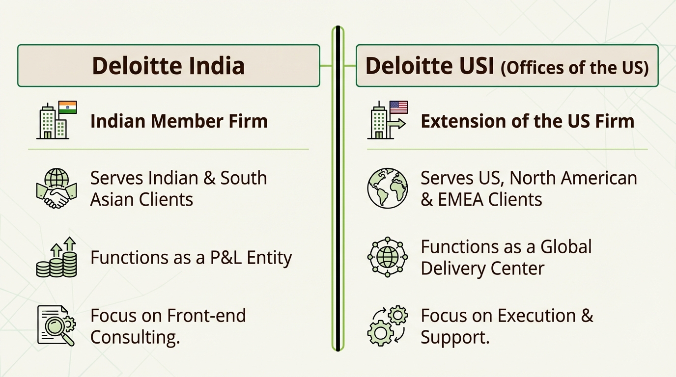 An infographic comparing the business models of Deloitte India vs Deloitte USI, covering their client focus and operational structure.