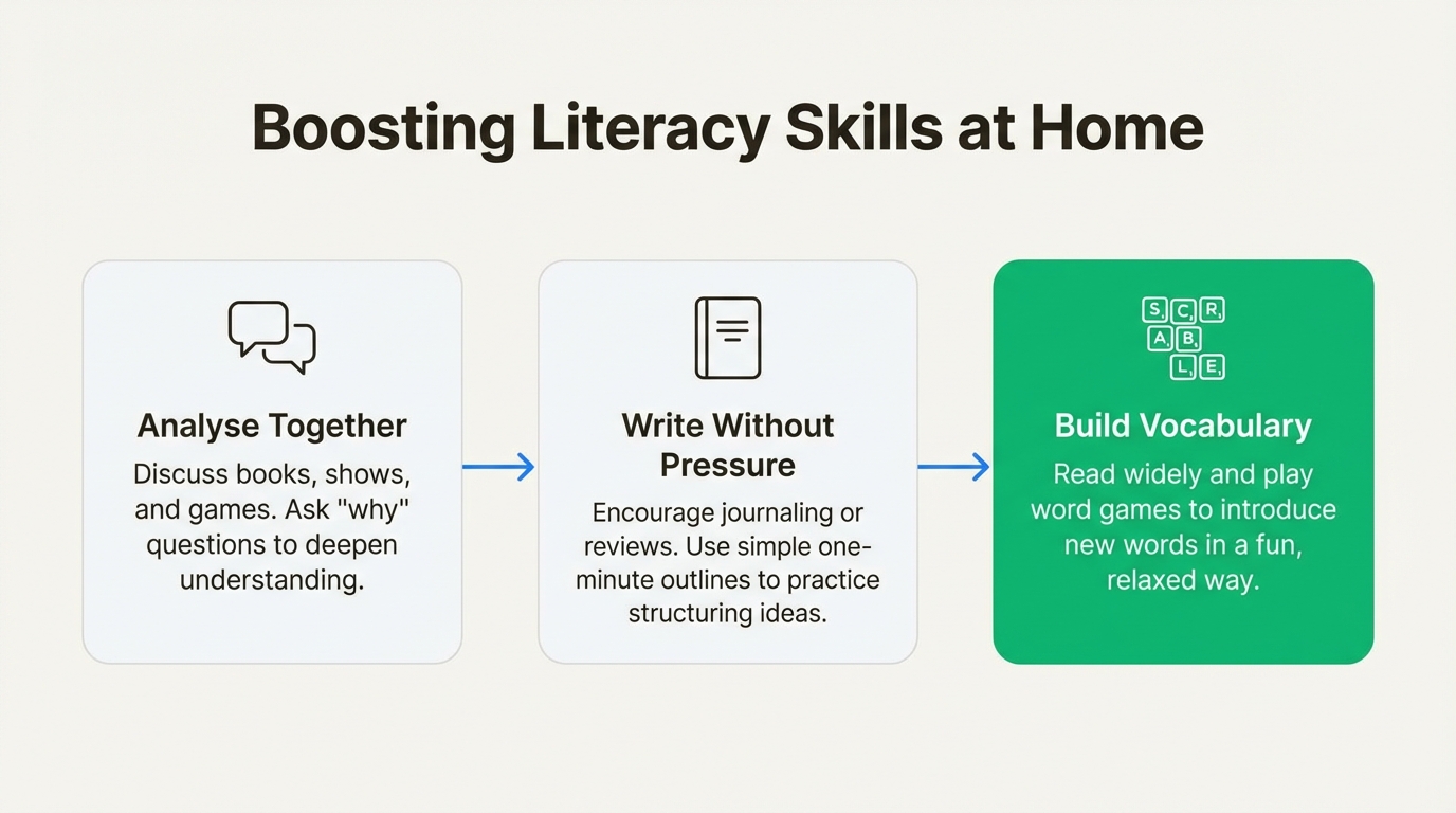 A three-step workflow showing parents how to improve Year 6 literacy skills by analysing media together, encouraging low-pressure writing, and building vocabulary through reading and games.