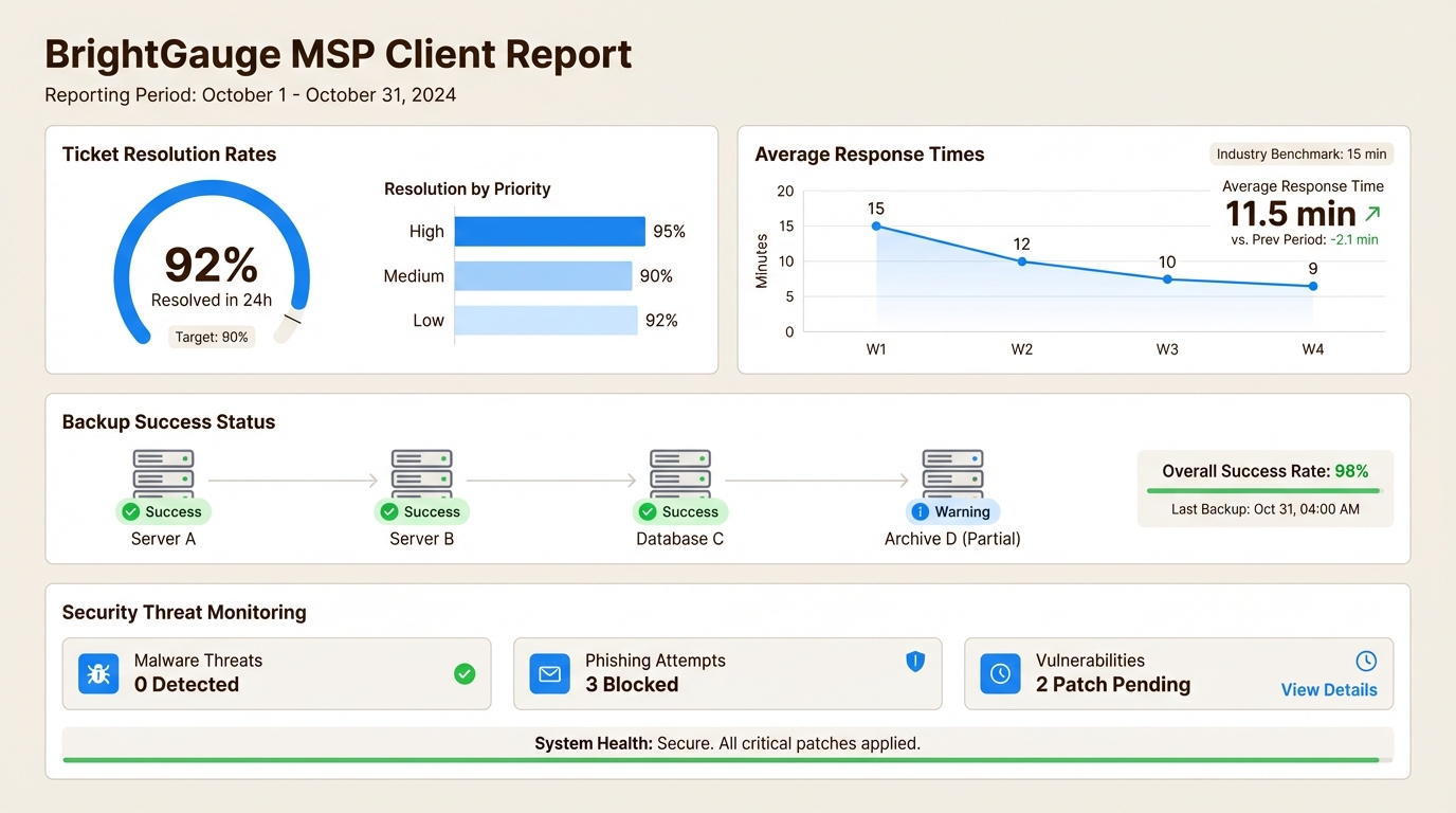 Automated reports provide clients with tangible proof of service value and operational transparency without manual data entry.