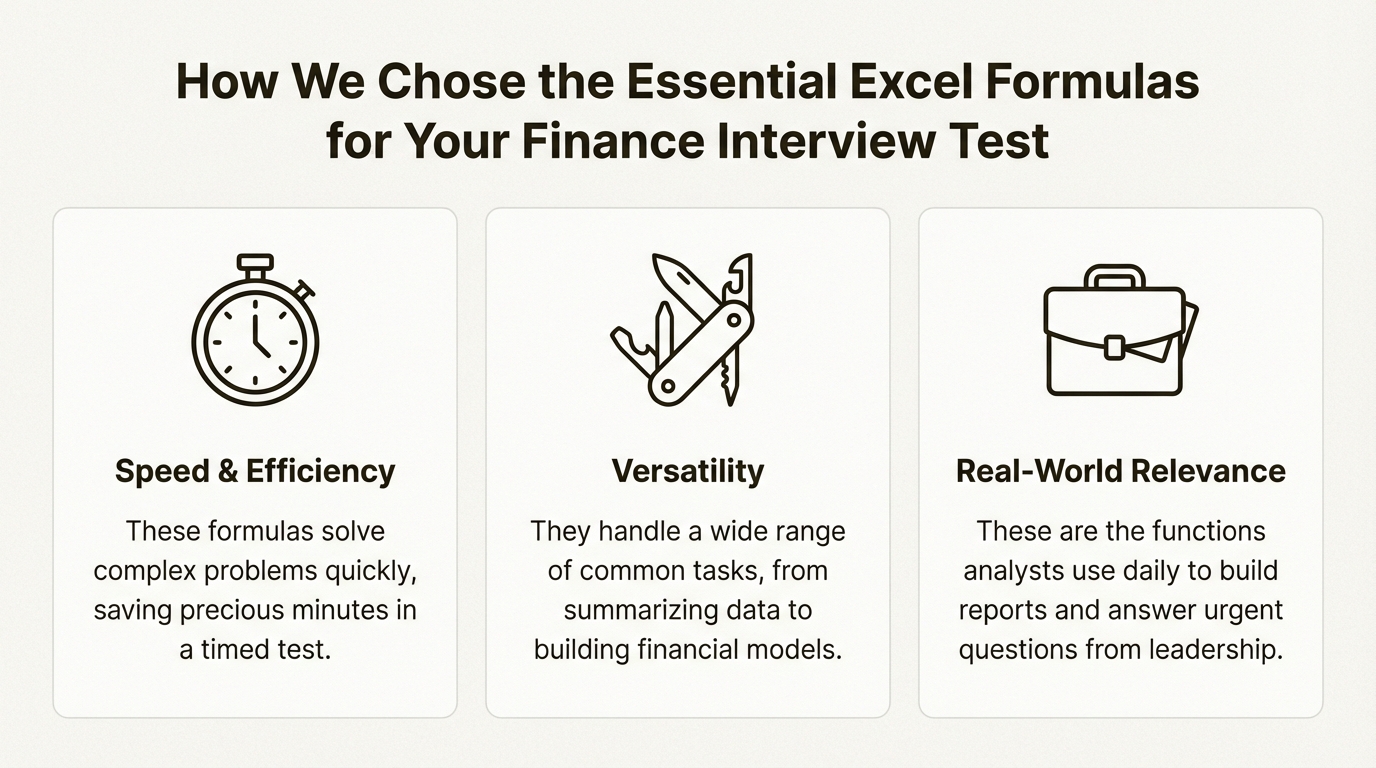An infographic showing the three criteria for selecting formulas for an Excel interview test for finance: speed, versatility, and real-world relevance.