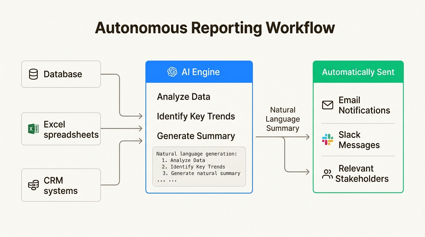 See how autonomous reporting systems transform raw data from various sources into clear, actionable natural language summaries, eliminating manual effort and delivering insights directly.