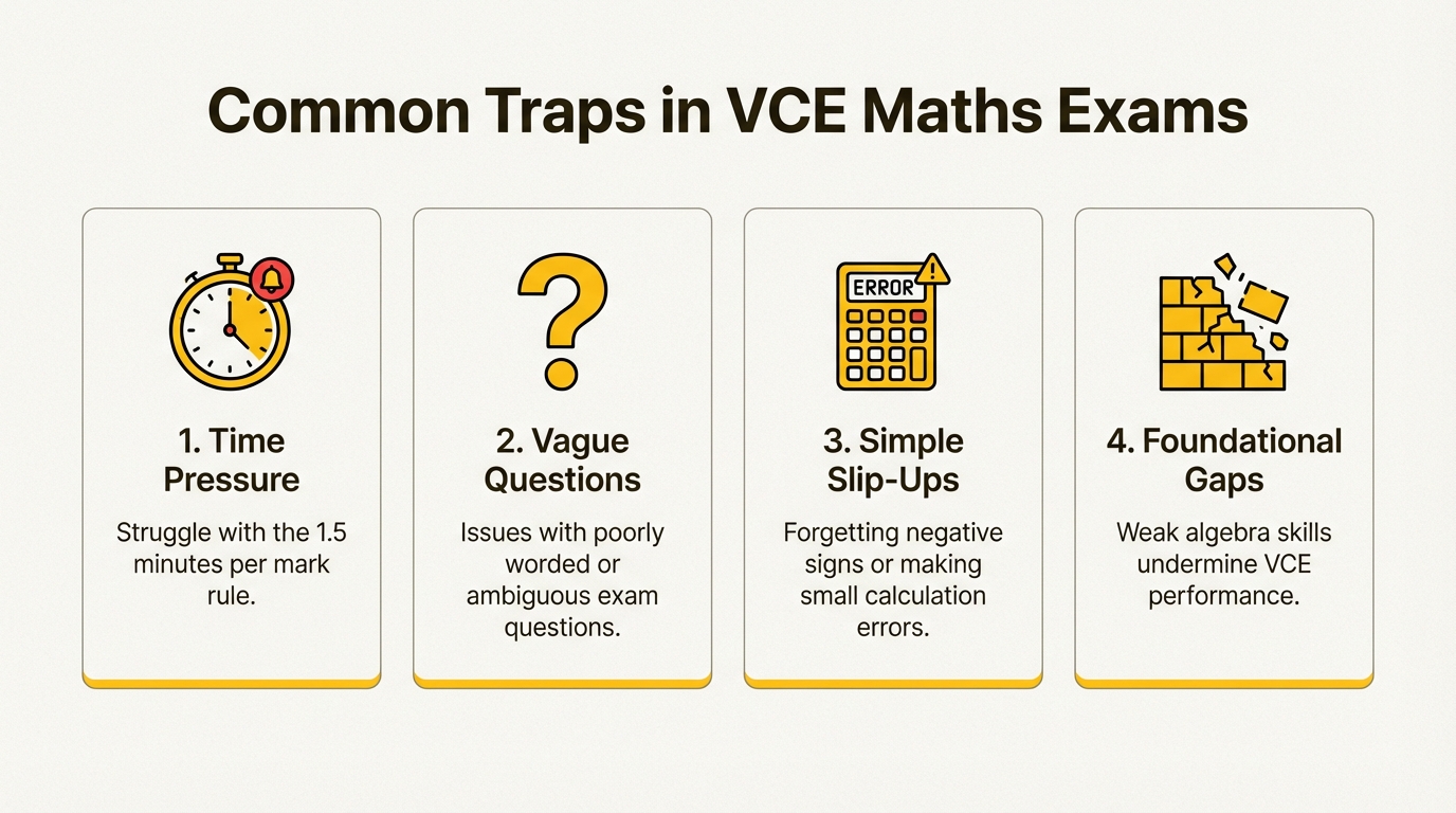 An infographic detailing four common traps that cause students to lose marks in VCE maths exams.