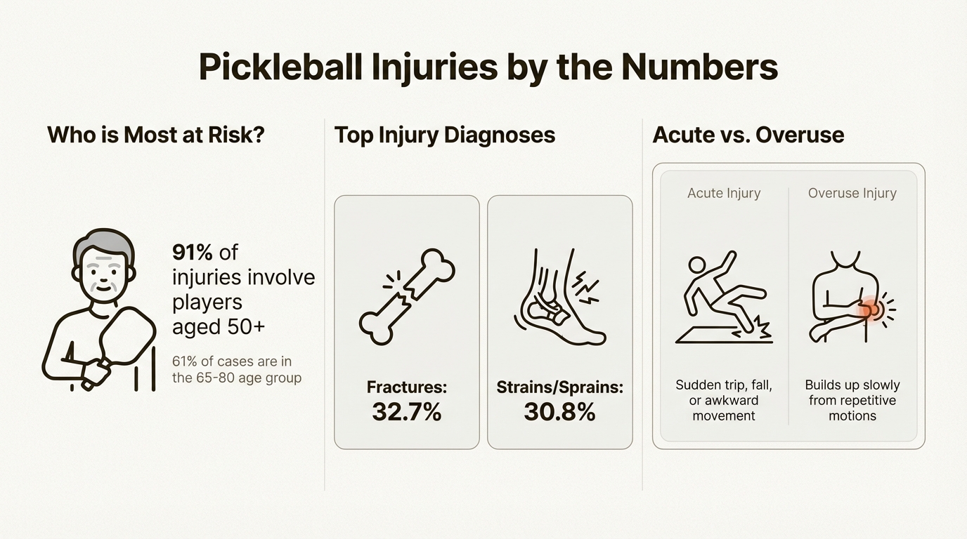 An infographic detailing statistics about pickleball injuries, including the age groups most at risk and the most common diagnoses like fractures and sprains.