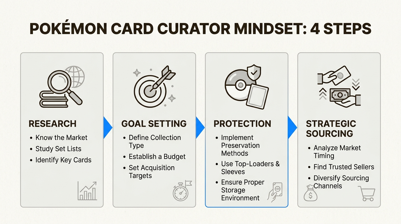 Adopting a curator's mindset with these four steps helps collectors build a meaningful and valuable Pokémon card collection, avoiding common pitfalls.