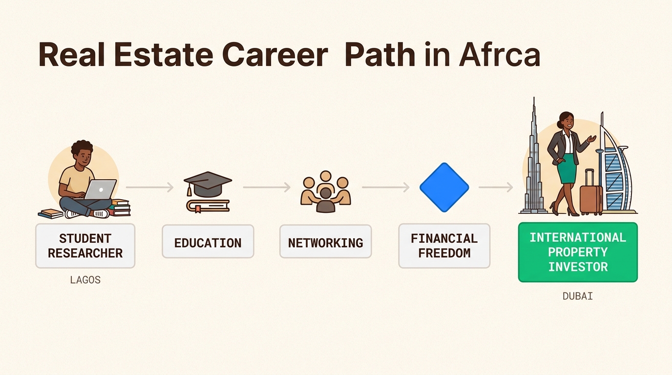 Visualize your growth from local real estate insights to global investment success, highlighting key milestones in your professional journey.