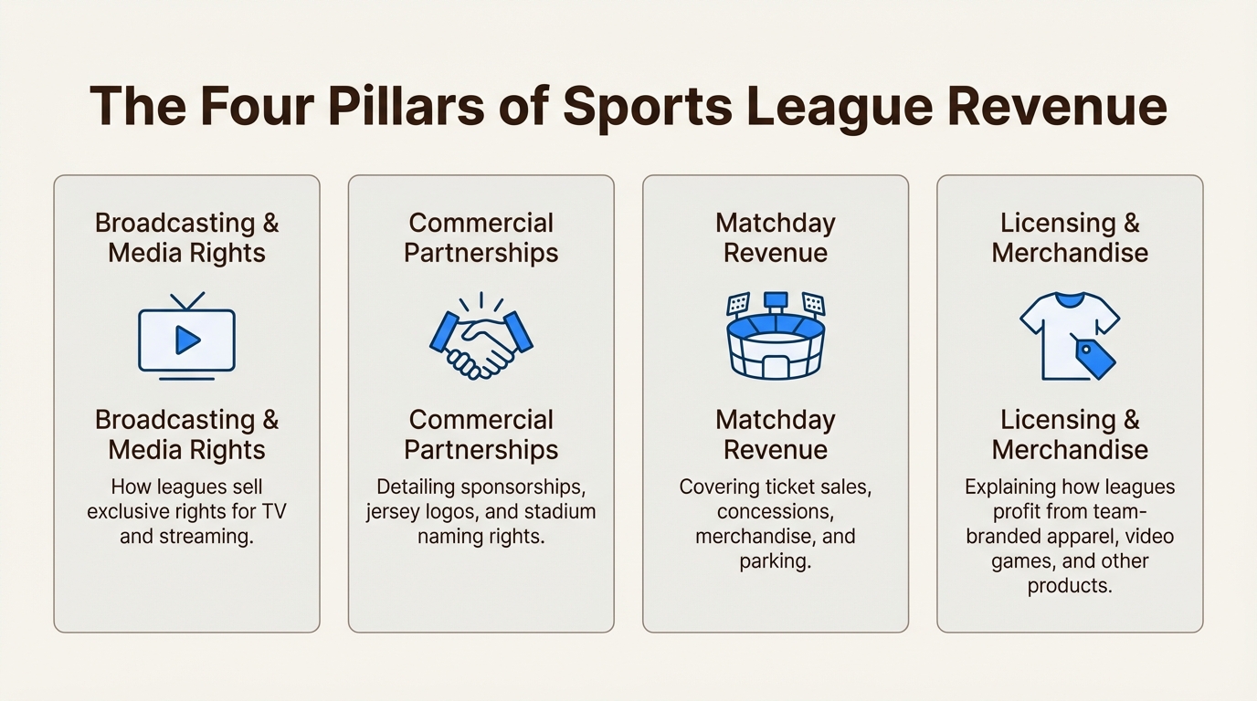 An infographic detailing the four main ways a sports league by revenue makes money: media rights, partnerships, matchday income, and merchandise.