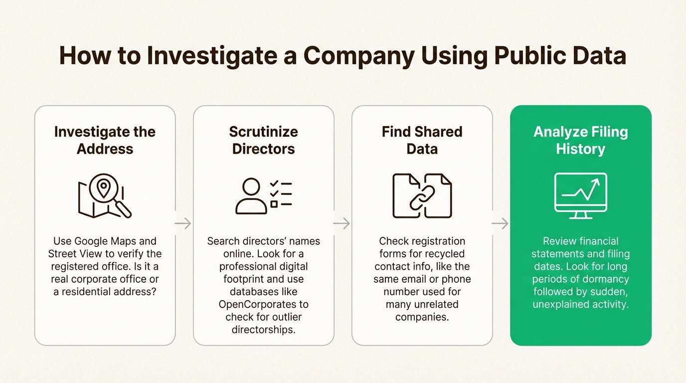 A four-step workflow explaining how to identify shell companies using public data, from investigating the address to analyzing the company's filing history.