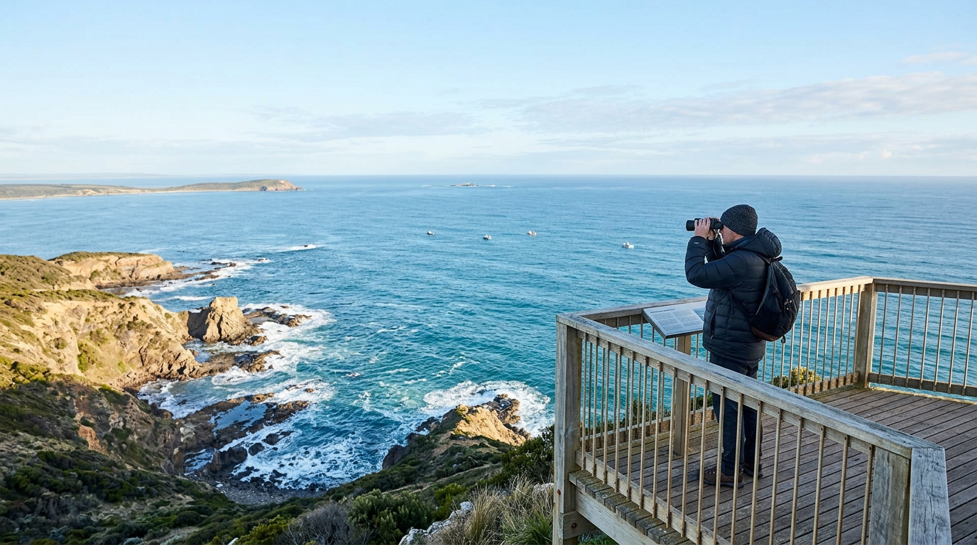Elevated coastal lookouts provide excellent vantage points for spotting whales as they navigate the migration highway past the Promontory.