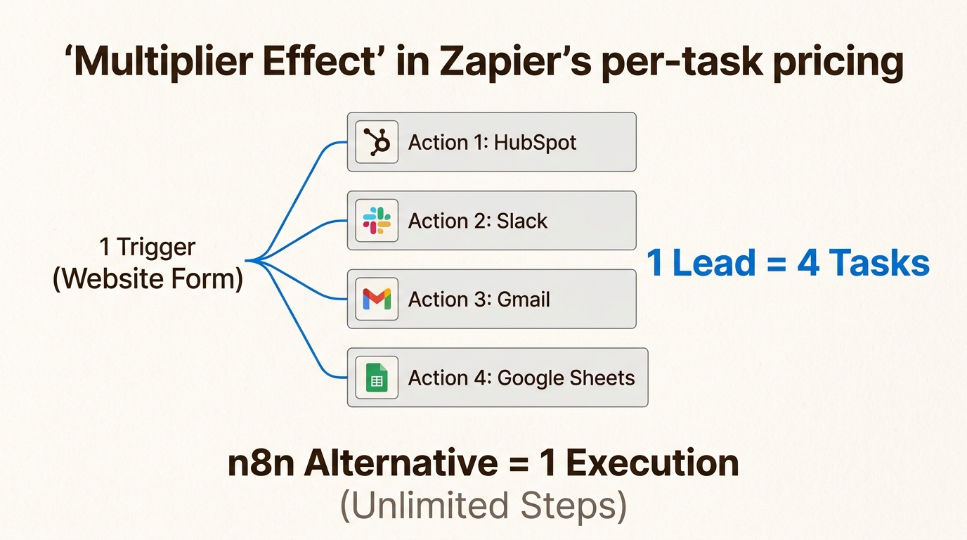 Understand how a single lead process with multiple steps quickly consumes Zapier tasks, demonstrating why multi-step workflows become unexpectedly expensive.