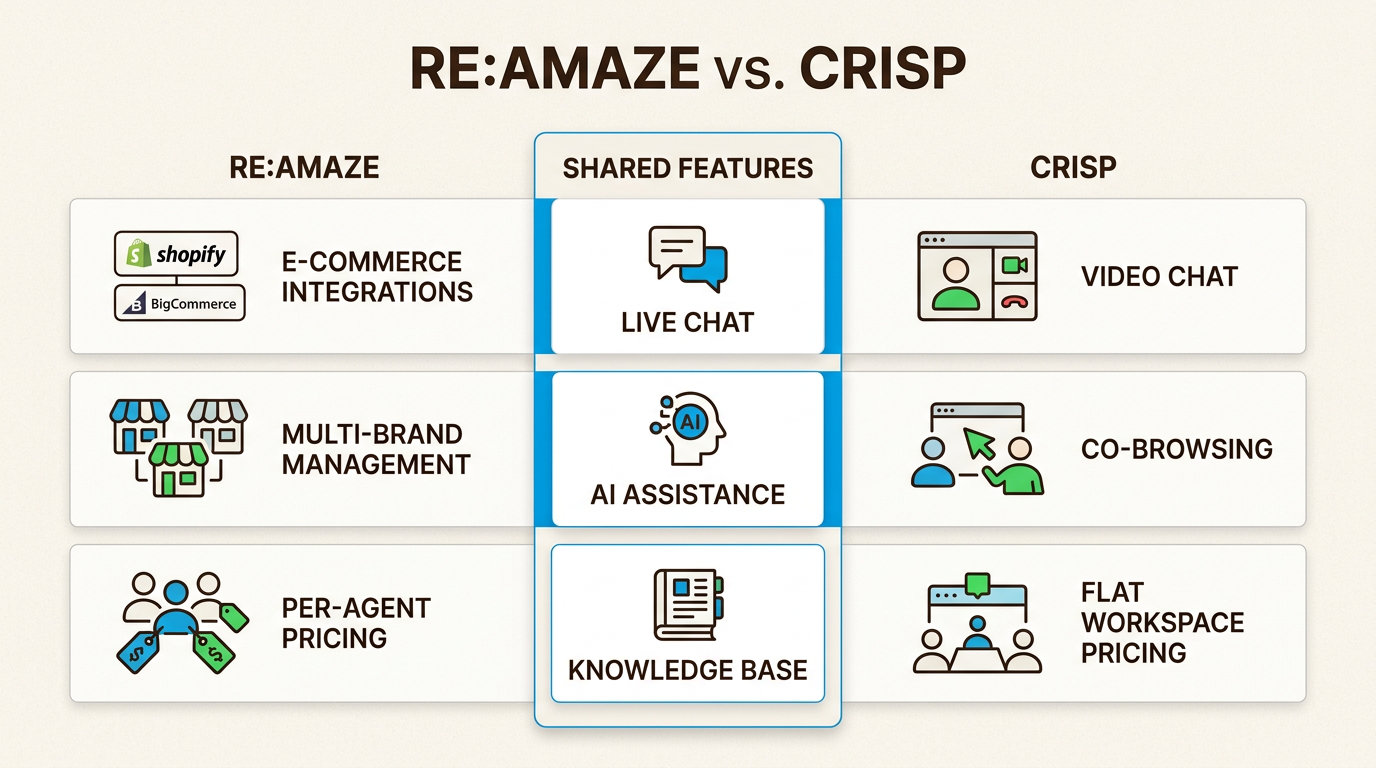 Re:amaze se centra en la profundidad del comercio electrónico, mientras que Crisp prioriza las herramientas modernas de participación