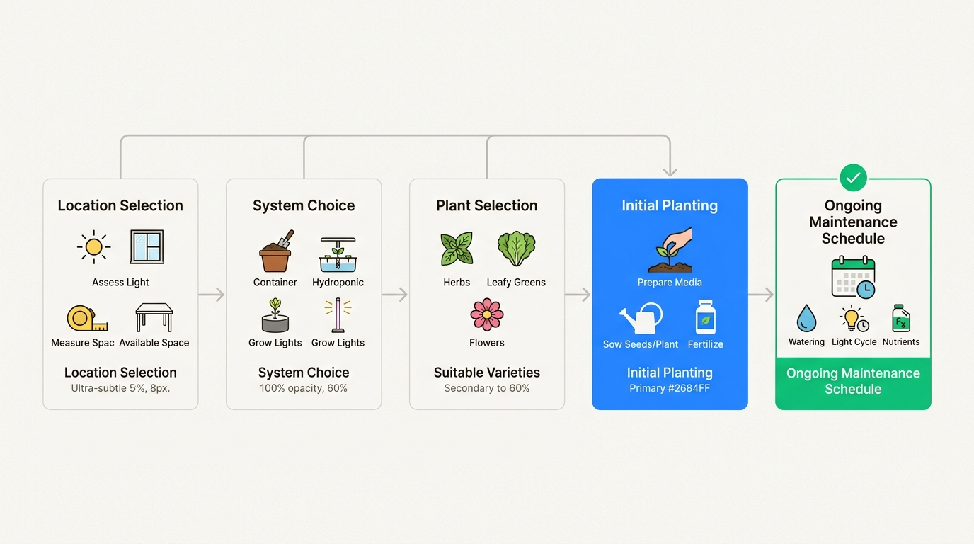 Visually understand the complete indoor gardening workflow, from initial setup and plant selection to consistent care and harvest.