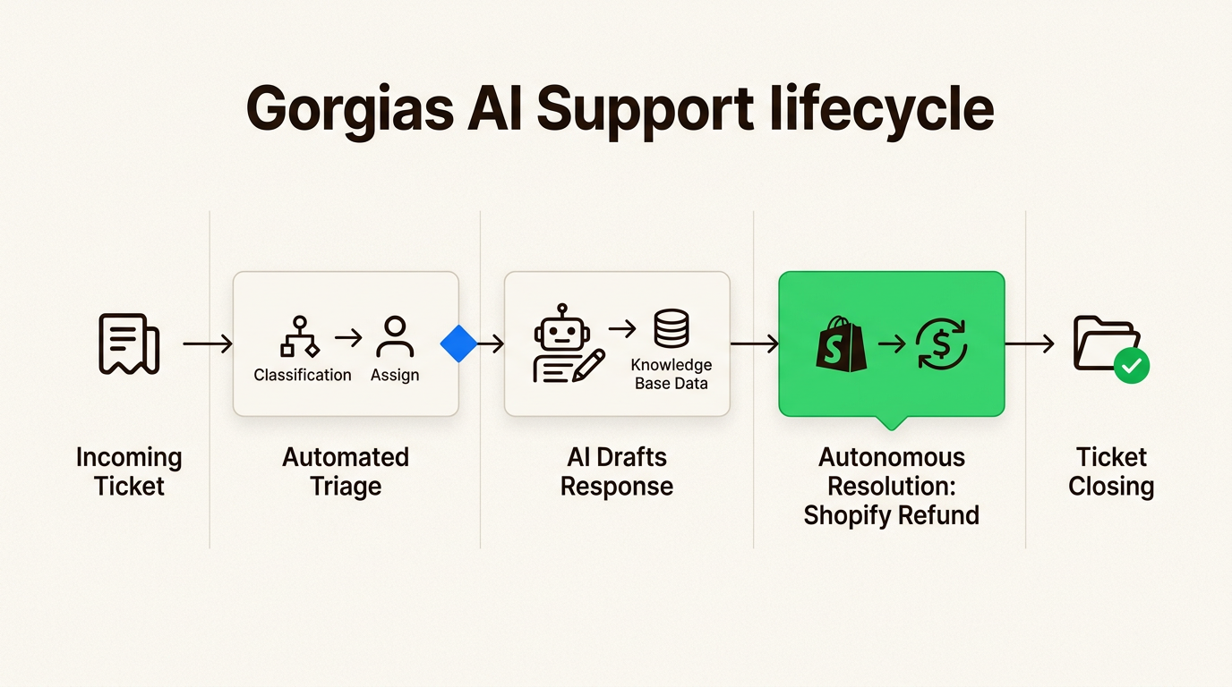 Flujo de trabajo de la IA que gestiona los reembolsos y el triaje dentro de Gorgias y Shopify