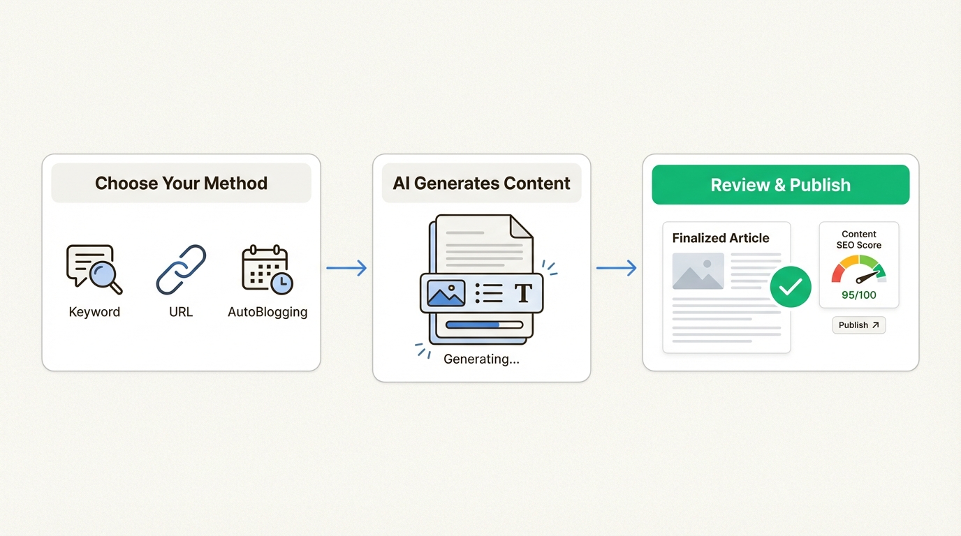 A workflow diagram showing the steps to create SEO content using Junia AI, from choosing a method to publishing.