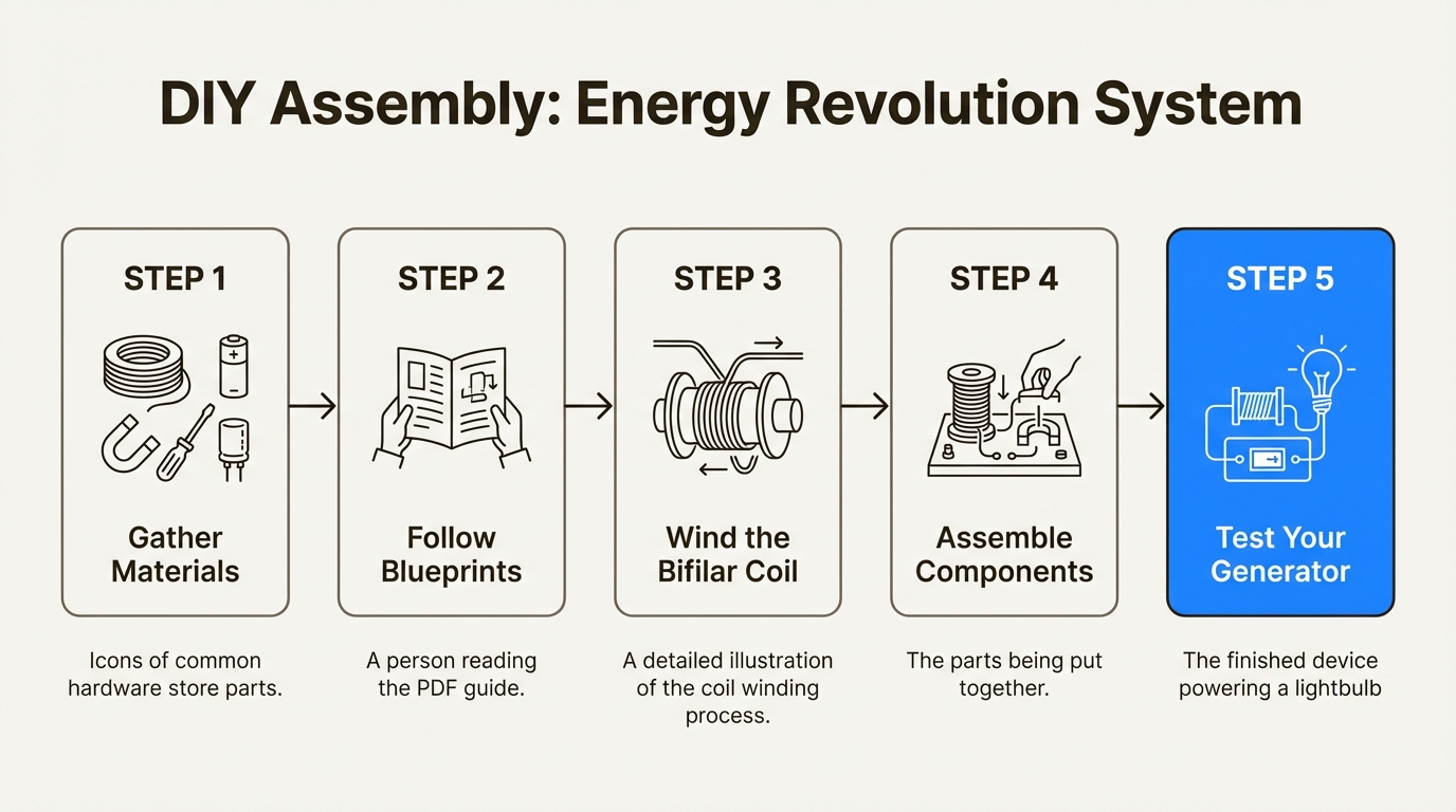 A workflow showing the five main steps to build the Energy Revolution System, from gathering parts to testing the final device.