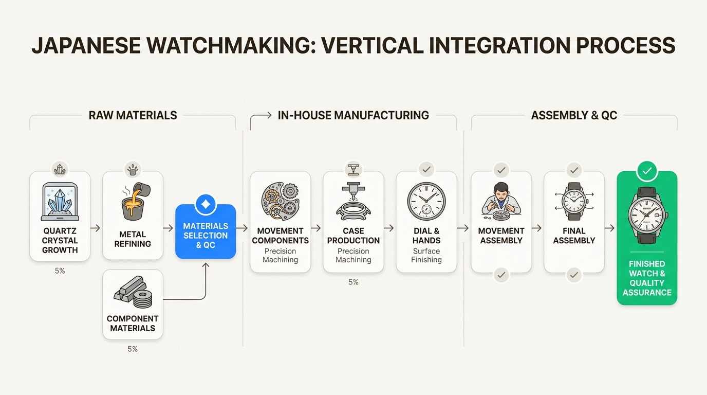 Japanese watch brands like Seiko and Citizen control every manufacturing step, from raw materials to final assembly, ensuring superior quality and exceptional value for consumers.