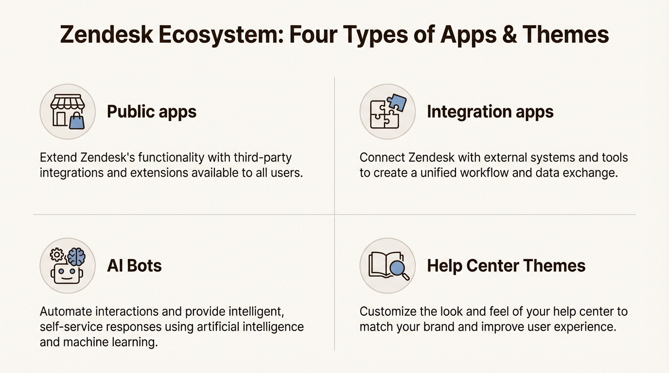 Quatro categorias principais de ofertas do Zendesk Marketplace: aplicativos públicos, aplicativos de integração, bots e temas