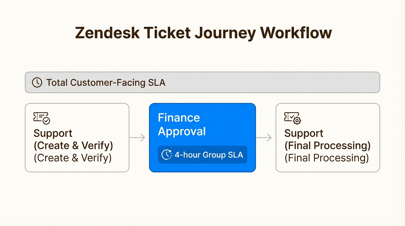 Fluxo de trabalho mostrando como os SLAs de grupo isolam o desempenho da equipe interna dentro do tempo total de resolução do cliente