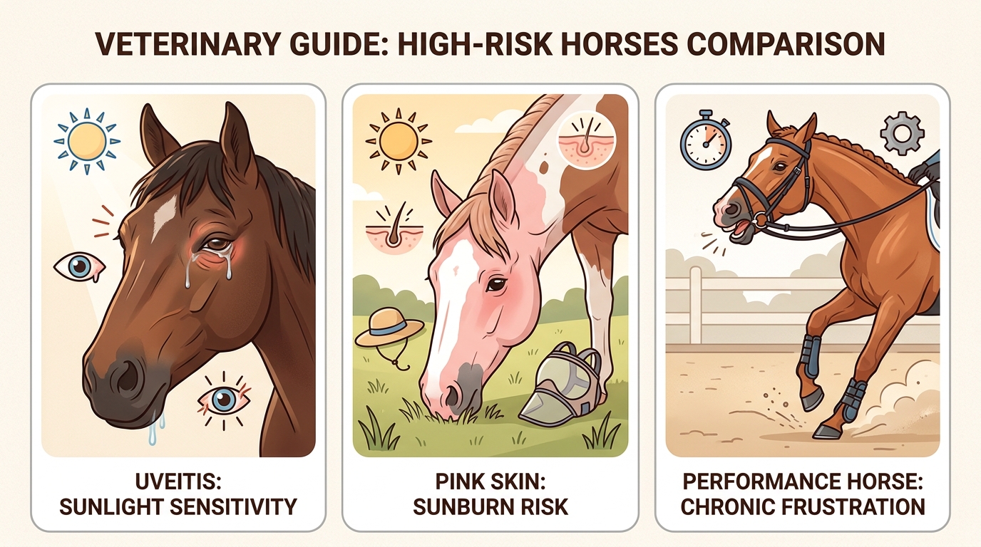 Horses with pre-existing conditions like uveitis or pink skin require specialized protection to prevent fly-induced inflammation and medical complications.