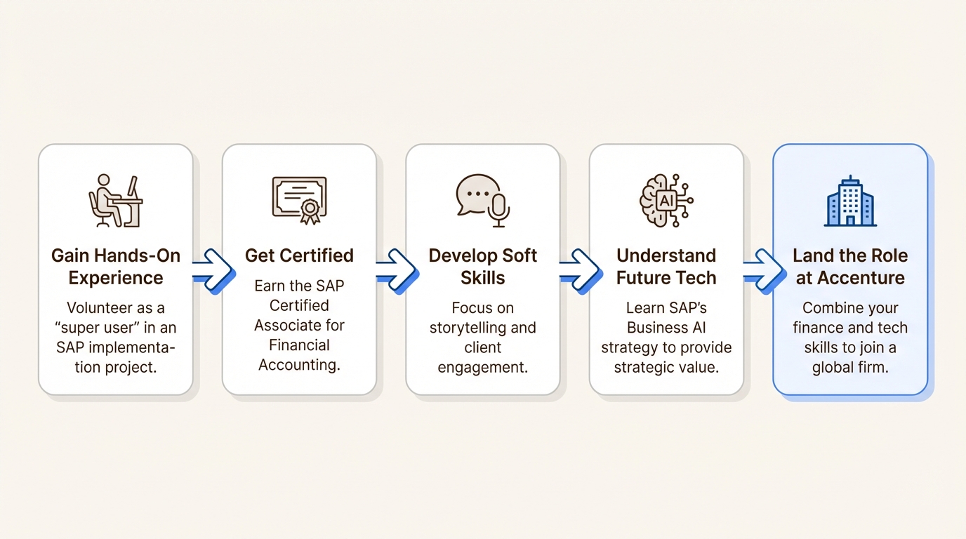 A five-step workflow diagram outlining the path for a CA to become an SAP Functional Consultant.