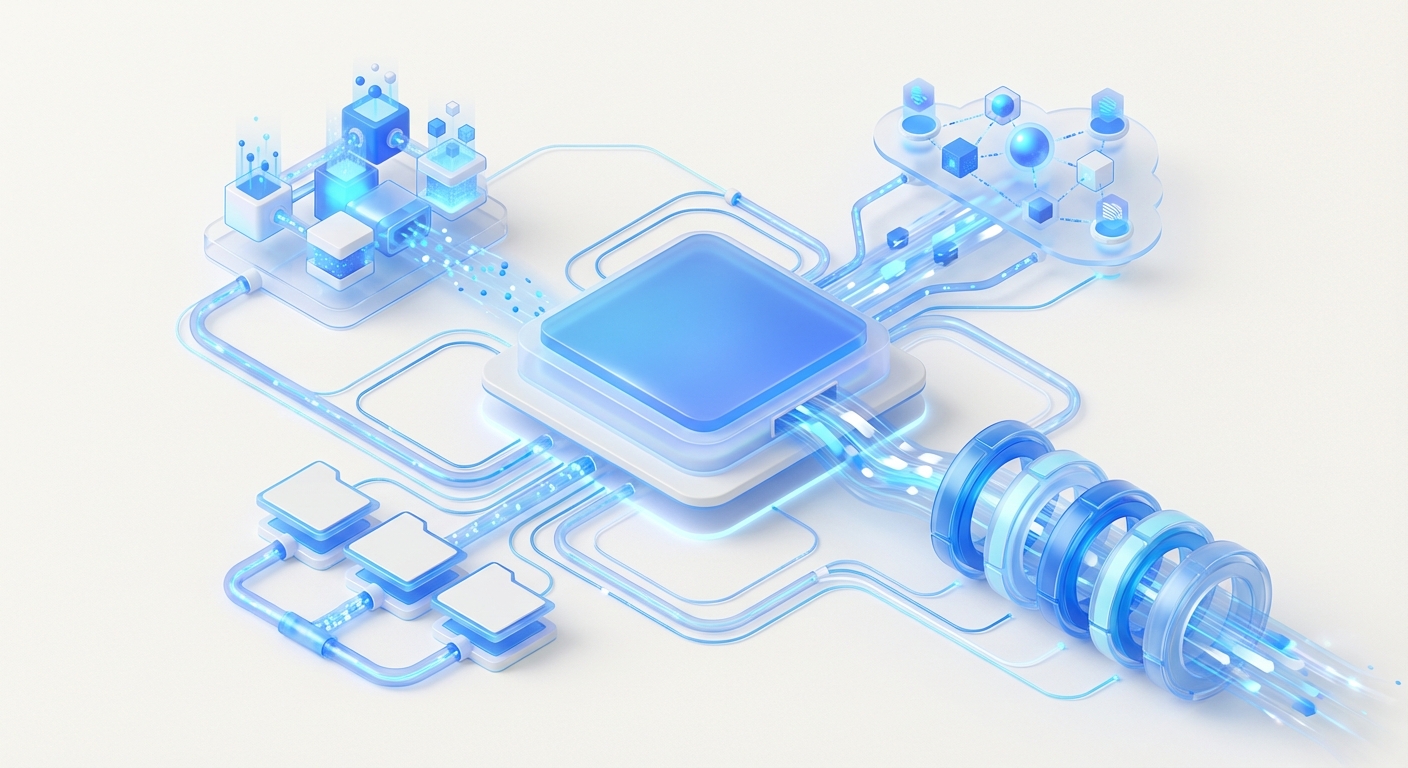 Une infographie isométrique 3D professionnelle montrant une interface de tableau de bord d’agent IA avec des outils connectés et des flux de données.
