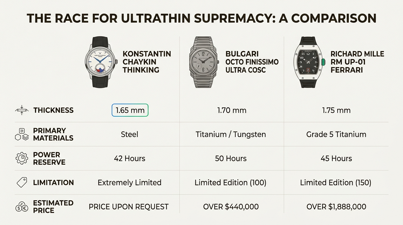 This chart allows readers to quickly compare the key specifications and unique philosophies behind the world's thinnest mechanical watches.