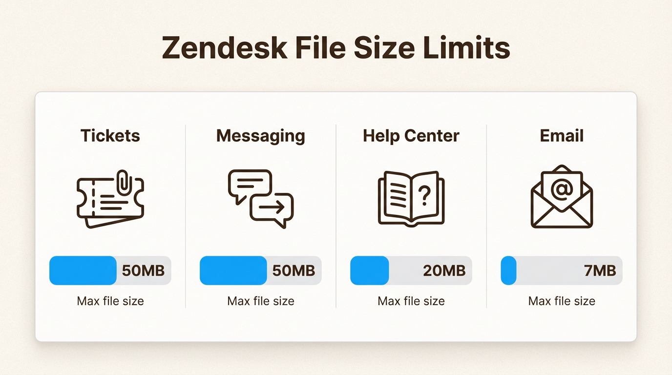 Dieser Vergleich hilft Ihnen, schnell zu erkennen, welche Zendesk-Kanäle Ihre spezifischen Anforderungen an die gemeinsame Nutzung von Dateien unterstützen und wo Beschränkungen gelten.