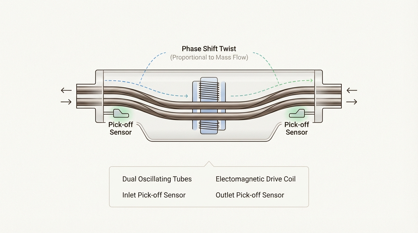 Sensors detect the subtle phase shift in tube vibration to provide simultaneous mass flow, density, and temperature data.