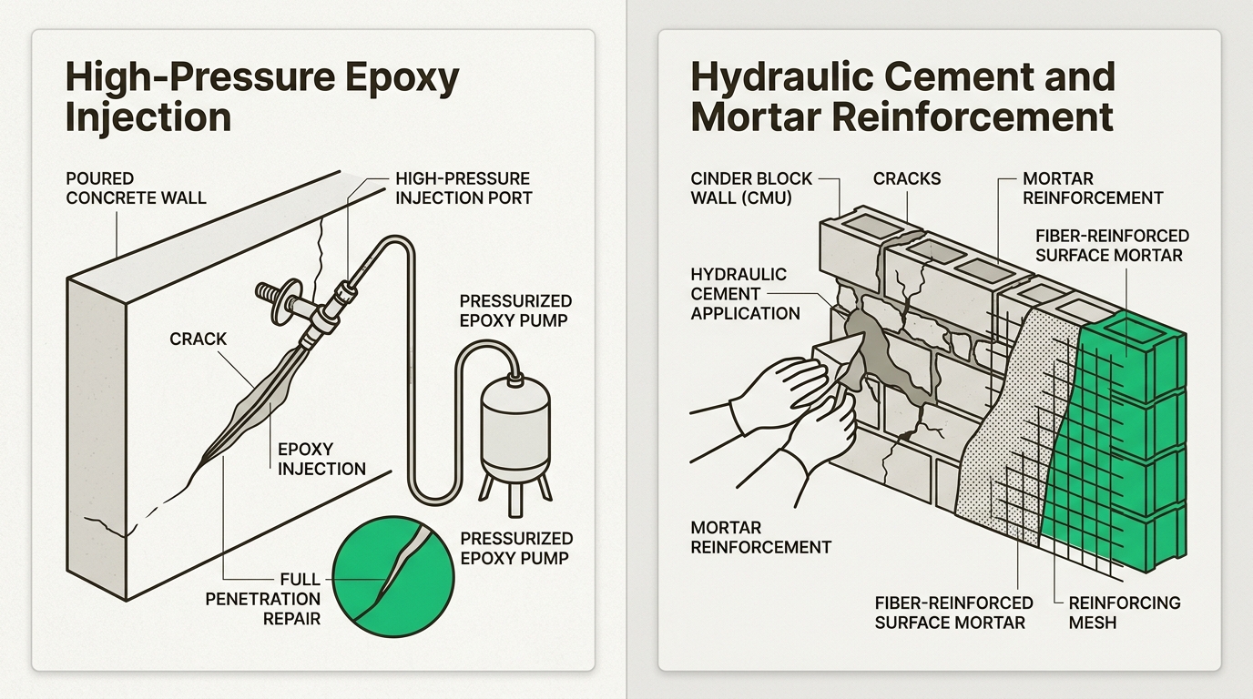Repair strategies vary by foundation type, with injection methods restoring monolithic strength to poured concrete while masonry techniques stabilize block joints.