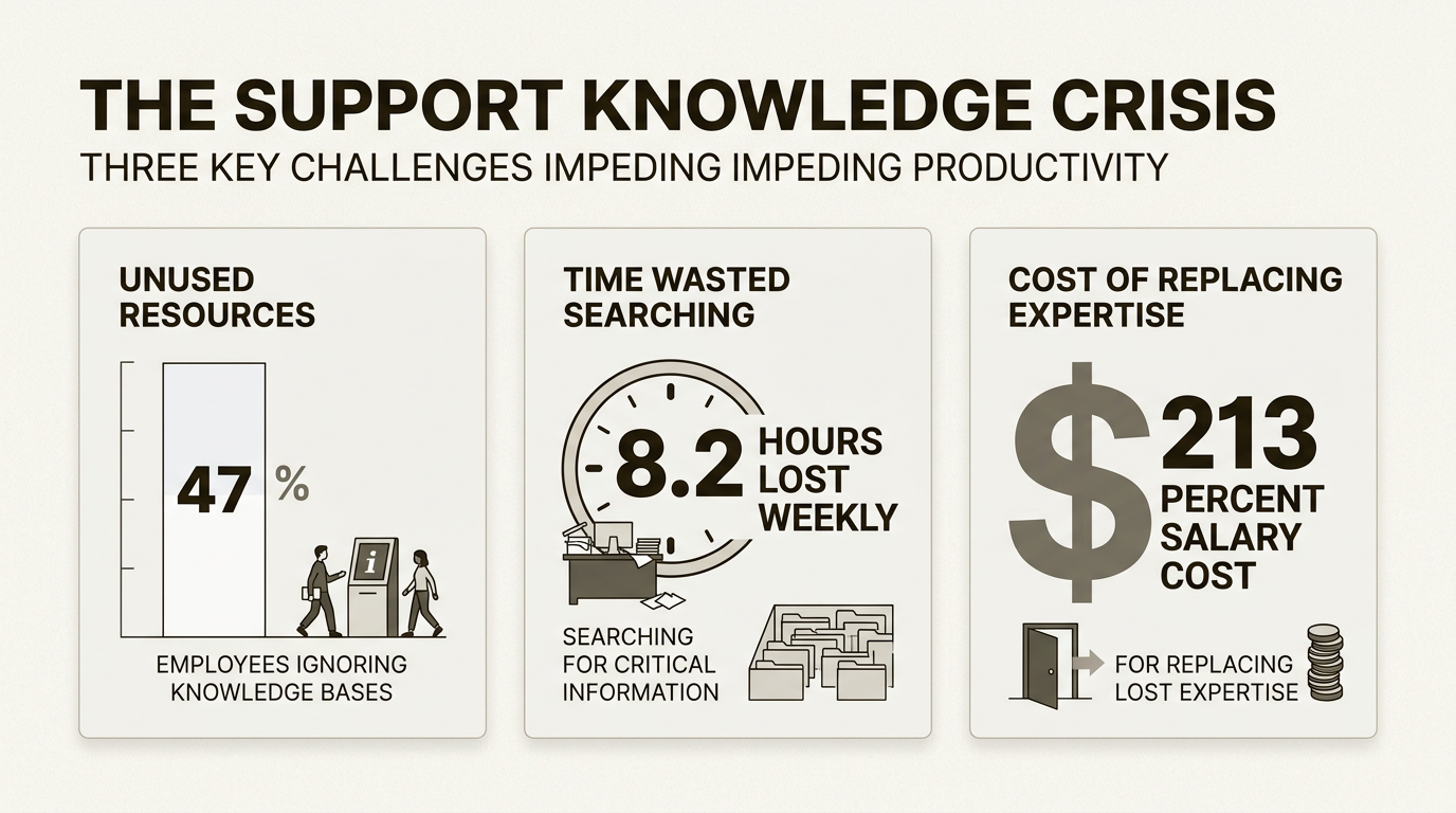 Estas estadísticas resaltan cómo la gestión ineficiente del conocimiento merma la productividad y aumenta los costes operativos de las organizaciones de soporte modernas.