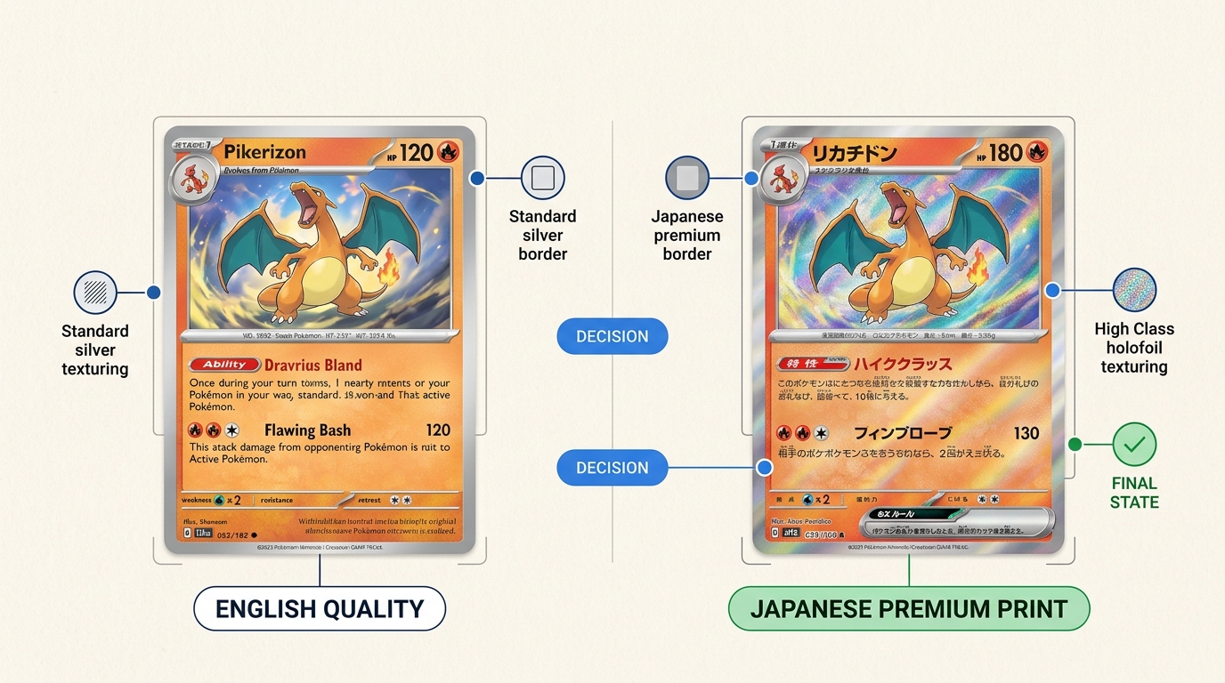 Japanese Pokémon cards are highly sought after by collectors for their distinct premium print quality, unique holofoil patterns, and aesthetic details.